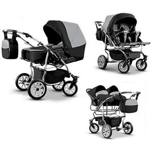 Sojan Passeggino gemellare 3 in 1. Passeggino e accessori in 3 pezzi: 2 navicelle + 2 passeggini + 2 ovetti + accessori. BBtwin DUET TRIO graphite