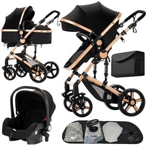 Nine point nine Trio Passeggino Neonati, Passeggino 3 in 1 con Doppia Modalità Spinta Reversibile, Carrozzina per Neonati con Grande Nacelle, Passeggino Trio con Telaio in Alluminio (588 Black Gold)