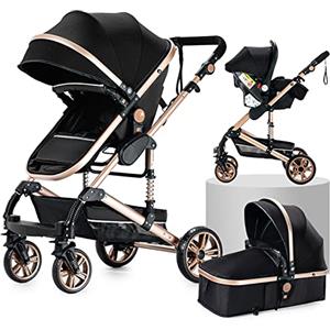NADDLILY Passeggino Trio, Passeggino 3 in 1 con Spinta Reversibile a Due Vie, Trio Neonati con Accessori, Carrozzina per Neonati con Design Portatile Pieghevole Un Clic (739 Black Gold)