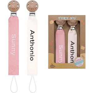 TYRY.HU Catenella Portaciuccio con Nome Personalizzata Porta Succhietto Clip di Legno Cotone Bambine Ragazzi Massaggiagengive Ciuccio Clip Baby Regalo, 2 Pezzi