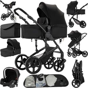 Reenborn Passeggino Trio, Passeggino 3 in 1 con Due Modi Reversibili Spingere, Trio con Design Pieghevole in Un Clic, Trio Passeggino Neonati con Telaio Alluminio Paesaggistico Alto (588 Black)