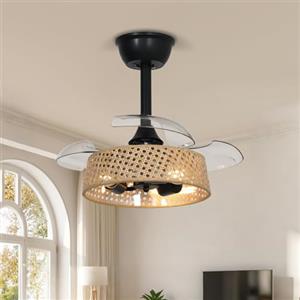 AQLEDY Ventilatore Pale Da Soffitto Con Luce Retrattili 52cm Vintage Lampadario Scomparsa Ventilatore Soffitto E Telecomando Silenzioso, Rattan Boemo Plafoniera LED Ventola Camera Da Letto Soggiorno