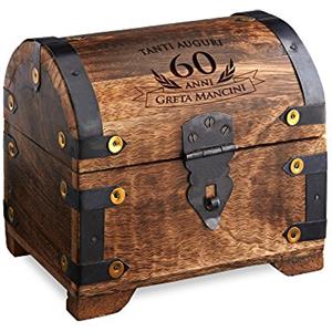 Casa Vivente Scrigno Portagioie con Incisione per i 60 Anni - in Legno Scuro - Personalizzato con [Nome] - Forziere del Tesoro - Salvadanaio - Scatole Portaoggetti - Idee Regalo di Compleanno