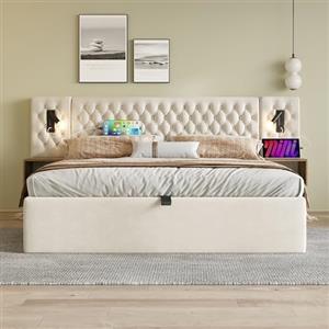 Idemon Set completo per camera da letto, letto imbottito, letto matrimoniale, 180 x 200 cm, con 2 comodini, testiera con funzione di ricarica USB, 261 x 210 x 105 cm, velluto (senza materasso) (beige)