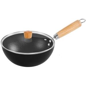 HOgardenME Padella wok in ghisa con coperchio in vetro, antiruggine e a induzione, sicura per cucinare brasati a vapore, funziona su tutti i piani cottura (18 cm)