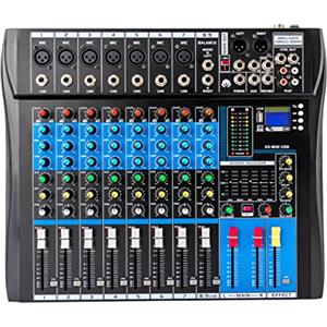 WAPHOERTE Consolle mixer professionale a 8 canali, mixer audio DJ dal vivo con USB e funzione Bluetooth, combinazione amplificatore mixer audio digitale stereo con alimentazione phantom da 48V compatibile per