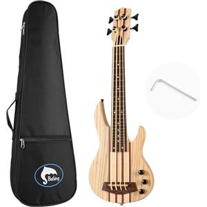 Batking Ukulele elettrico a 4 corde, basso elettrico, con manico passante, con custodia per concerti (colore naturale)