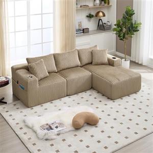 Zepneiy Set di divani componibili fai da te con penisola e 2 posti, con 5 cuscini, tasche laterali e portabicchieri, fodera in velluto a coste, schiuma ad alta densità (Kaki)