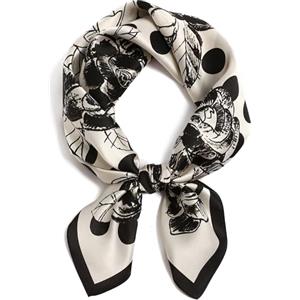 STARWHISPER 100% pura seta di gelso sciarpa quadrata 27 x27 sciarpa leggera per capelli foulard foulard notte sonno, Fiori bianchi e neri, 27 x 27 inches