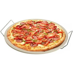 Virsus Pietra Refrattaria Per Pizza Rotonda 3670, colore Beige, Diametro 32,5 cm, Vassoio in Ceramica, supporto e manici in metallo, per cottura Pizza, Pane, Focacce in Forno, Resistente fino a 500°C