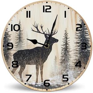 Horienteeon Orologio da parete rotondo in legno silenzioso senza ticchettio a batteria, motivo: cervi, foresta, fauna selvatica, montagna, 25 cm, orologi da parete rotondi per soggiorno, cucina, casa,