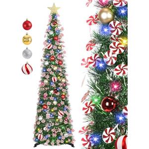 HMASYO Albero di Natale Artificiale Sottile 150cm a Paillettes Luccicante con Luci Integrate e Timer, Montaggio Istantaneo, Pieghevole - Decorazione per Interni Casa, Appartamento, Veranda, Feste