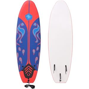 vidaXL Tavola da Surf Fondo Liscio Doppie Pinne Sicura con Cordino Resistente Durevole Natante Surfboard Longboard Sport Acquatici Blu e Rossa
