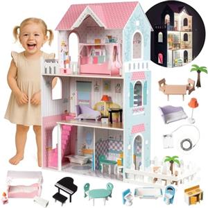 Mamabrum Casa delle Bambole in Legno XXL - Grande Casa Bambole con 3 Piani, LED, Giardino e Accessori - Casa delle Barbie in Legno con Mobili - Giocattolo Educativo per Bambine 3+ Anni