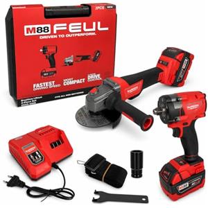 TANIASHOP Combo Avvitatore ad impulsi 1/2 + Smerigliatrice Angolare 115/125mm 88V 2 Batterie 5Ah con Motore Brushless Kit Professionale Trapano Avvitatore Flex
