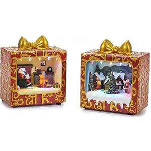 EMPOTEC Scena FESTIVITÀ Natalizia in Pacco Regalo Paesaggio Villaggio Natale Movimento Suono e Luci Decorazione Soprammobile Centro Tavola Alta qualità Idee Regalo 20x19x15cm Assortiti (1pz)