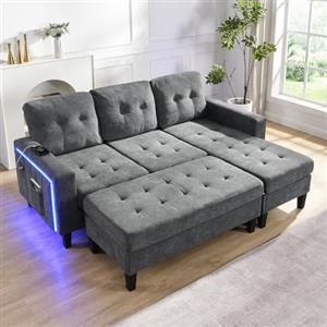 Lubvtti Divano angolare a L multifunzionali con poggiapiedi mobile extra-large + illuminazione ambientale a LED,divano 3 posti moderno,divano letto modulare (E-Grigio)