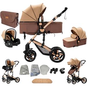 Magic ZC Passeggino Trio, Passeggino 3 in 1 con Doppia Modalità Push Reversibile, Trio Passeggini Neonati in Alluminio Pieghevole, Carrozzina per Neonati con Grande Navicella (588 Khaki)