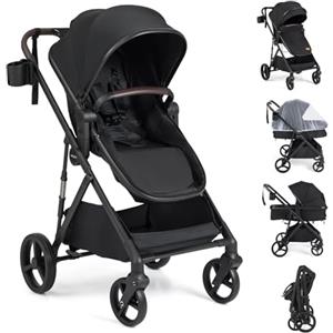 COSTWAY 2 in 1 Passeggino Leggero Pieghevole per Bambini, con Schienale Regolabile, Sedile Reversibile, Tettuccio, Cestello Portaoeggetti, per Neonati per 0-36 Mesi (Nero)