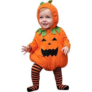 Generic Costume di Halloween per Neonato a Zucca con Cappuccio Leggings a Piedi a Righe Set 2 Pezzi per Bambini 0-24 Mesi Tutina Morbida in Cotone Footed Pantaloni per Feste Foto e CarnevaIe