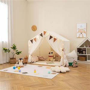 GYMAX Tenda per Bambini, Grande Casetta da Gioco per Bambini con Cortine per Porta, Finestre, Luci a Stelle, Bandiere Colorate, Tappeto Imbottito, Tenda Lavabile da Interni per Bambini 3+ Anni