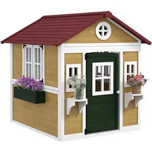 Outsunny Casetta da giardino Casetta in legno per bambini con porta, finestre, fioriere e supporti per fiori 114x126,4x135 cm Legno naturale
