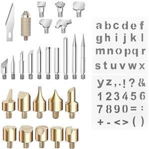 Pongnas Kit Pirografia a Legna, 26 Punte Pirografiche per Intaglio di Legno e Pelle con 2 Stencil Lettere Numeri Simboli, Resistente Al Rame Leggero e Durevole