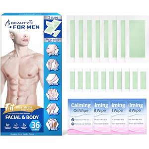 Beauty7 Strisce di Cera Depilatorie per Corpo Uomini Pronte All'uso, 36 Strisce di Cera Fredda e 4 Pezzi Salviette di Olio Calmante Post-Ceretta, per il Viso, Corpo Gambe Ascelle