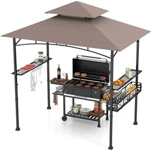 HOMASIS Gazebo per Barbecue con Tettoia Laterale, Pergolato da Giardino con Doppio Tetto, 2 Tavoli e Ganci, Pergola Addossata per Esterno, Gazebo per griglia/BBQ (Marrone, 242 x 153 x 250 cm)