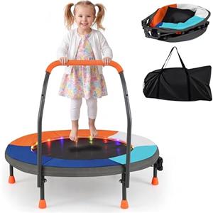 COSTWAY Trampolino per Bambini con Luci, Tappeto Elastico Pieghevole da Interno ed Esterno con Maniglia in Schiuma, Copertura Imbottita e Borsa, Trampolino per Bambini 3+ Anni (Blu)