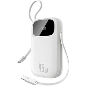 Baseus Powerbank 45W 20000mAh con 2 Cavi USB-C Integrati, Ricarica Rapida Power Bank PD3,0 QC4,0, 3 C 1 A, Caricatore Portatile per iPhone 16/15/14 Pro Max, iPad, Samsung, Bianco