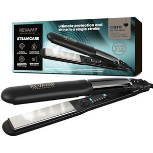 REVAMP Progloss Steam Care, Piastra per Capelli Professionale in Ceramica a Vapore con Tecnologia Ionica per Capelli Lisci e Morbidi, Infusa con Oli Liscianti Anticrespo, Temperatura 150°C-230°C, Nero