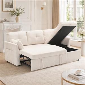 Lubvtti Divano letto 3 posti,divano angolare a L con sedute contenitore,divano 3 posti con chaise longue destra e sinistra intercambiabile,Tessuto di velluto a righe,beige