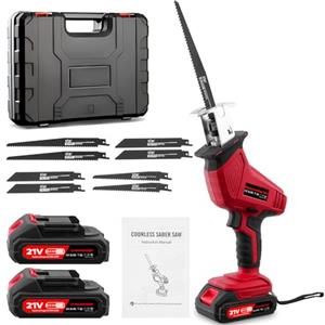 Sararoom Sega A Gattuccio a Batteria, 21V Seghe Alternative Senza Fili con 2*2,0 Ah batterie, 0-4000 RPM Velocità Variabile 8 Lame, Seg???? Senza Utensili, Seghetto Elettrico per Legno,Metallo,PVC,Rosso