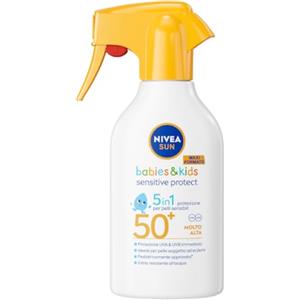 NIVEA SUN Kids Sensitive Protect & Play SPF 50+ 250 ml, Crema solare spray 50+ bambini e neonati dai 6 mesi in su, Crema solare bambini resistente all'acqua, Protezione per pelle sensibili e delicate