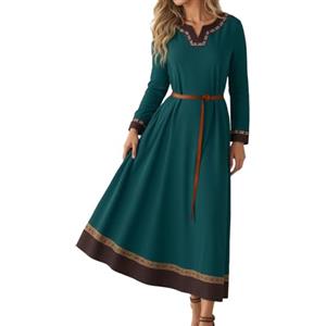 Genérico Vestito da donna in lino costume vichingo freya ricamato a mano carnevale di Halloween Cosplay festivo abito medievale a maniche lunghe con orlo ricreativo in cotone, Verde, S