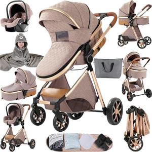 MoLi Passeggino Trio, Passeggino 3 in 1 con Doppia Modalità Push Reversibile, Trio Passeggino Neonati con Grande Navicella, Carrozzina per Neonati in Alluminio Pieghevole (225 Khaki)