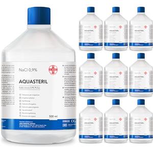 AIESI® Soluzione fisiologica salina (10x500 ml) per lavaggi nasali, aerosol e irrigazione con tappo richiudibile AQUASTERIL, Sodio cloruro 0,9% per cassetta pronto soccorso