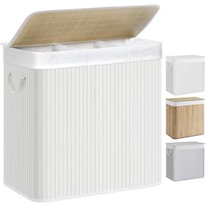SONGMICS Cesto Portabiancheria, 150 L, Cesta Biancheria a 3 Scomparti in Bambù Coperchio, Maniglie, Pieghevole, Sacco Rimovibile e Lavabile in Lavatrice, Lavanderia, Casa, Bagno, Bianco LCB091W01