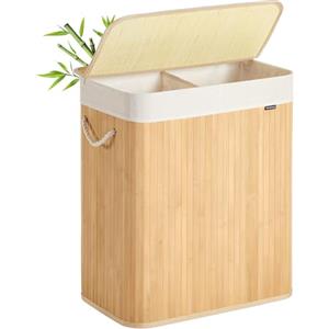 SONGMICS Cesto Portabiancheria, 100 L, Cesta Biancheria a 2 Scomparti in Bambù Coperchio, Maniglie, Pieghevole, Sacco Rimovibile e Lavabile in Lavatrice, Lavanderia, Casa, Bagno, Naturale LCB074Y01