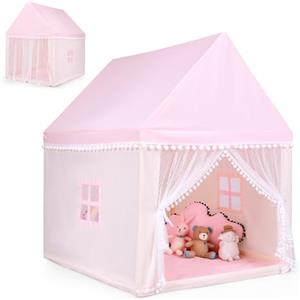 HOMASIS Tenda Bambini Cameretta, Capanna per Bambini da Interno con Tetto e Finestre, Tenda Gioco con Struttura in Legno, Casetta per Bambini con Tappettino, 120 x 105 x 140 cm (Modello 3, Rosa)