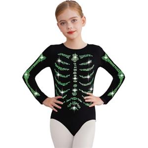 TiaoBug Ragazze Costume da Scheletro per Halloween Carnevale Body Ginnastica Artistica Manica Lunga Balletto Leotards Costume Cosplay Abito Travestimento Verde 7-8 anni