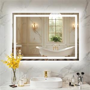 PINNIP Specchio Bagno con Luce, LED Specchio Rettangolare da Parete, Smart Mirror, Antifog, Dimmerabile 3 Colori, Vetro Temperato HD, Orizzontale/Verticale (Rettangolare, 80 x 60 cm)