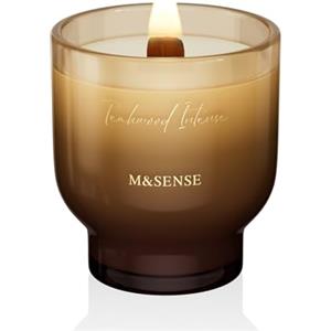 M&SENSE Candela Profumata 270g Teak Intenso con Stoppino Scoppiettante,75H Dura, Cera di Soia Non Tossico Aromaterapia Candele, Vetro Design Room Decor, Regalo di Lusso per Donne/Natale