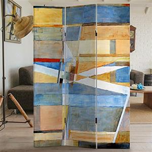BAKAJI Paravento Separè 3 Pannelli in Legno con Rivestimento in Tela e Stampa Astratta - Design Moderno (180 x 120 cm)