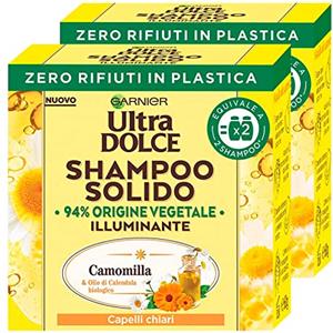 Garnier 2x Garnier Ultra Dolce Shampoo Solido Illuminante Camomilla e Olio di Calendula Biologico con Ingredienti di Origine Naturale per Capelli Chiari - 2 Shampoo Solidi da 60g
