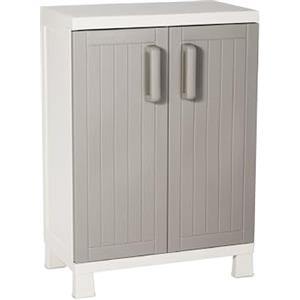 Toomax Armadio Wood Midi Basso 65x37x93h cm in plastica resistente effetto legno grigio tortora/grigio chiaro, con 2 ripiani regolabili e piedini, ideale per garage, cantine e spazi interni