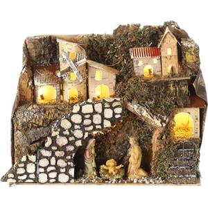Holyart Borgo natività Montagna Mulino Illuminato presepe 6 cm 30x15x20, con statuine