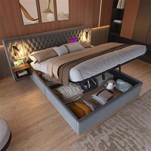 Oxtao Set completo per camera da letto, letto imbottito 180×200cm, letto matrimoniale con 2 comodini, testiera luce per lettura con funzione di ricarica USB, letto idraulico con spazio di archiviazione