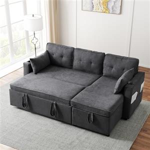 Wyibwy Divano 3 posti con funzione letto estensibile,divano angolare a L con portabicchieri e vani portaoggetti,divano componibile con chaise longue,divani modulare 3 posti,cotone e lino,Grigio